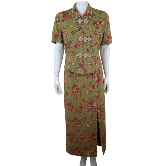 Jessica Howard Green Floral Linen Blend 2 Piece Maxi Straight Skirt Set - Picture 1 of 8